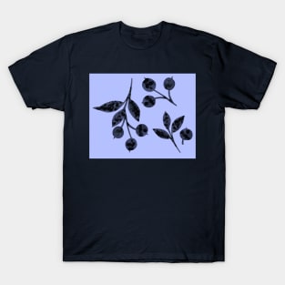 Christmas ornament with snow-covered berries. Hand-drawn watercolor blueberries and leaves on blue. Perfect for greeting cards, postcards, logo, textile, fabric, packaging, wrapping paper. T-Shirt